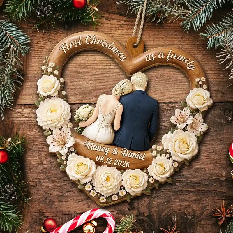 First Christmas Married Wooden Ornament, Seated Bride & Groom From Behind by a Glowing Tree, Creative Gift for Newlyweds