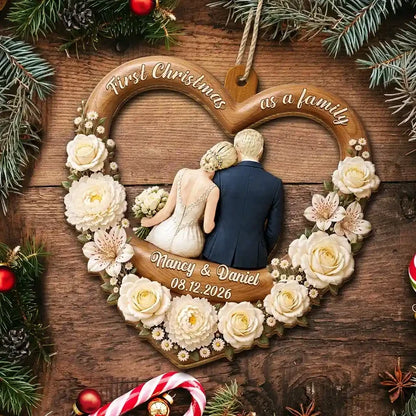 First Christmas Married Wooden Ornament, Seated Bride & Groom From Behind by a Glowing Tree, Creative Gift for Newlyweds