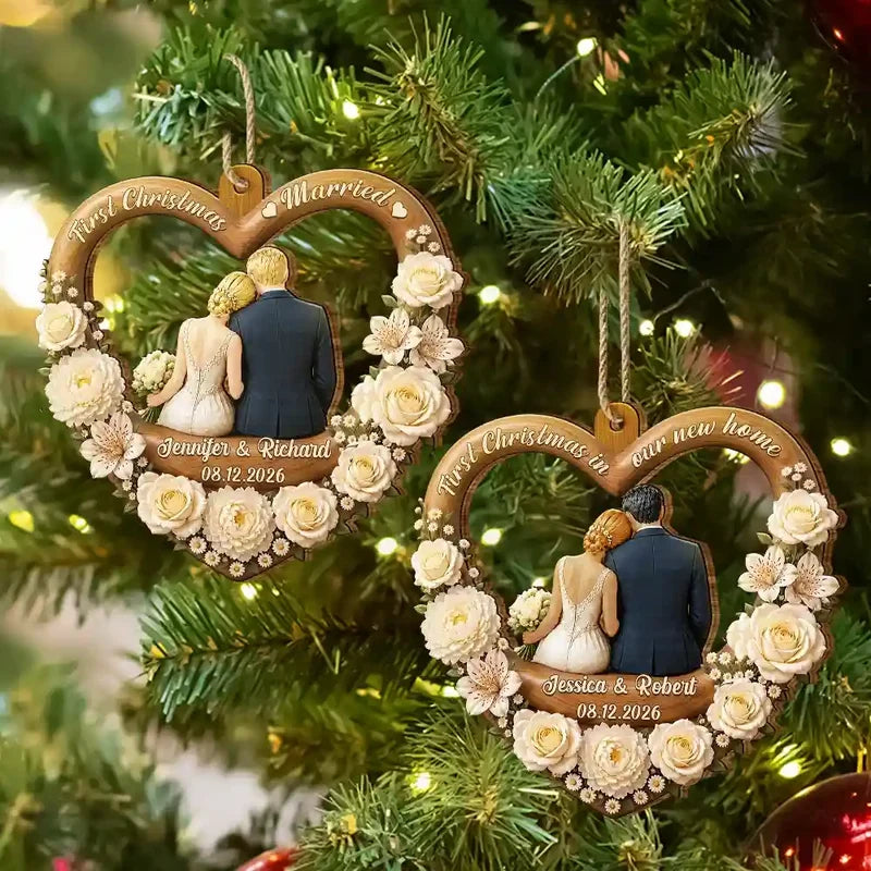 First Christmas Married Wooden Ornament, Seated Bride & Groom From Behind by a Glowing Tree, Creative Gift for Newlyweds
