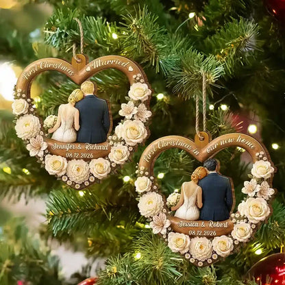 First Christmas Married Wooden Ornament, Seated Bride & Groom From Behind by a Glowing Tree, Creative Gift for Newlyweds