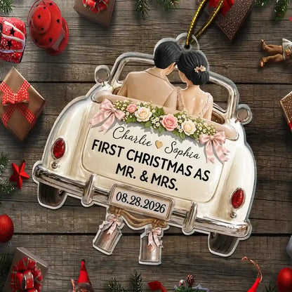Personalized Acrylic Ornament, Newlywed Couple in Wedding Car, First Christmas As Mr & Mrs, Unique Couple Gift