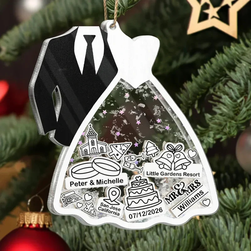 Personalized Acrylic Shaker Ornament, Black and White Bride and Groom Design, Unique Wedding Gift for a Couple