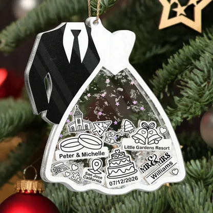 Personalized Acrylic Shaker Ornament, Black and White Bride and Groom Design, Unique Wedding Gift for a Couple
