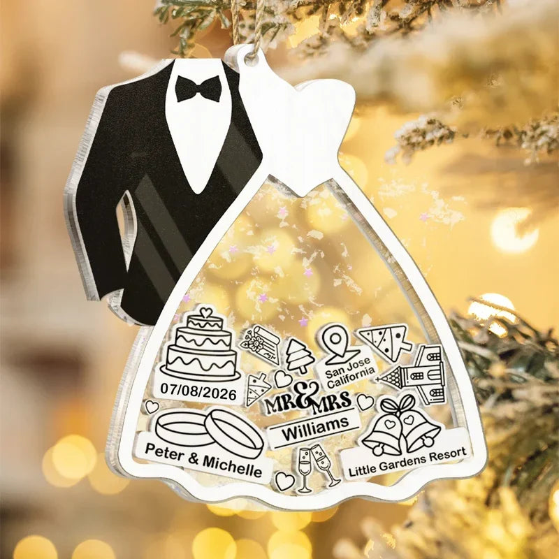 Personalized Acrylic Shaker Ornament, Black and White Bride and Groom Design, Unique Wedding Gift for a Couple