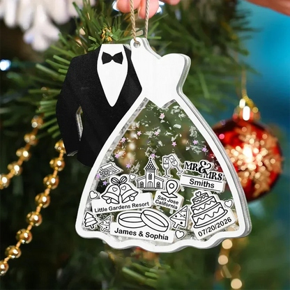 Personalized Acrylic Shaker Ornament, Black and White Bride and Groom Design, Unique Wedding Gift for a Couple