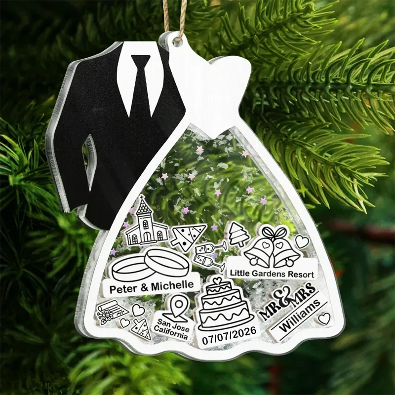 Personalized Acrylic Shaker Ornament, Black and White Bride and Groom Design, Unique Wedding Gift for a Couple