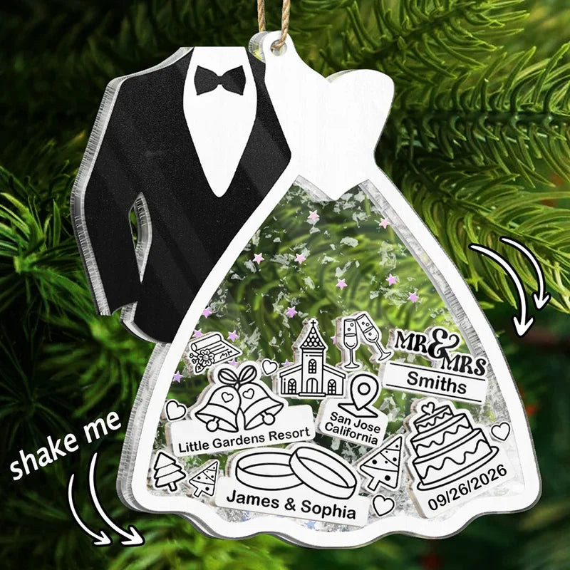 Personalized Acrylic Shaker Ornament, Black and White Bride and Groom Design, Unique Wedding Gift for a Couple