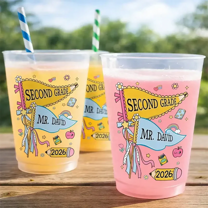 Personalized Frosted Plastic Cup, Colorful First Grade Pennant Design, Unique Teacher Gift for Back to School