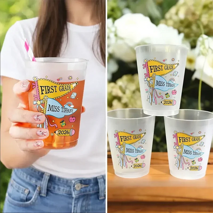 Personalized Frosted Plastic Cup, Colorful First Grade Pennant Design, Unique Teacher Gift for Back to School