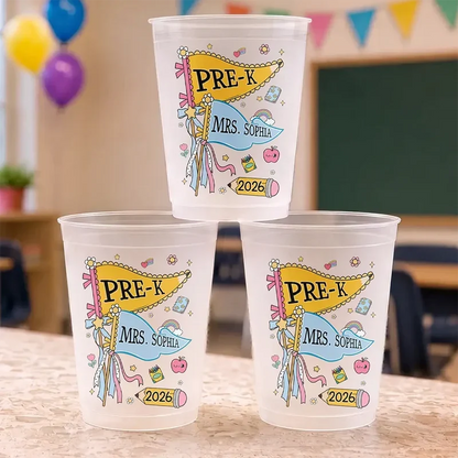 Personalized Frosted Plastic Cup, Colorful First Grade Pennant Design, Unique Teacher Gift for Back to School