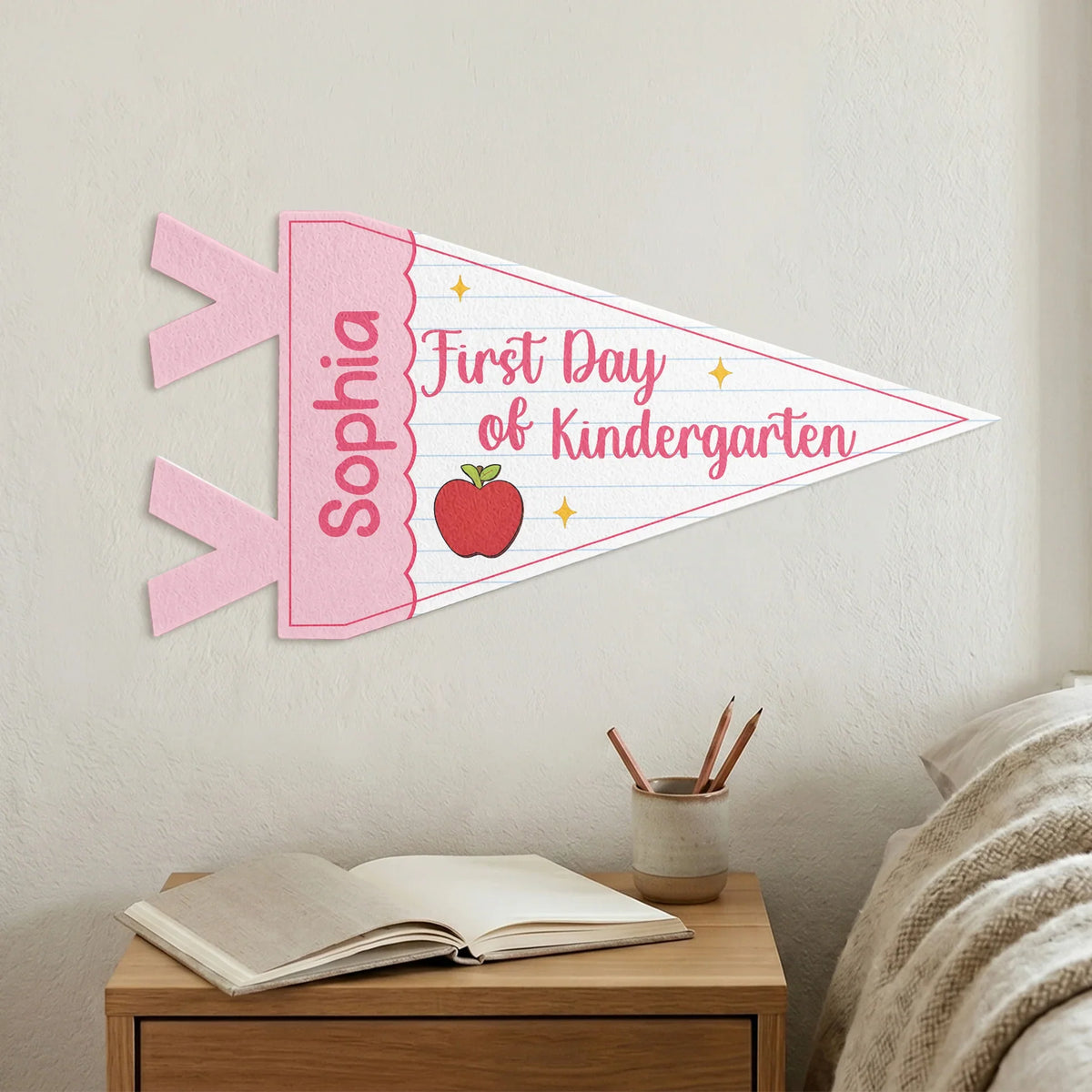 Custom Felt Pennant with First Day of Kindergarten, Pink Apple Lined Paper Unique Creative Gift