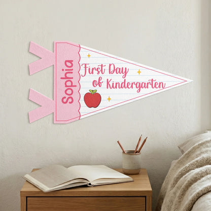 Custom Felt Pennant with First Day of Kindergarten, Pink Apple Lined Paper Unique Creative Gift