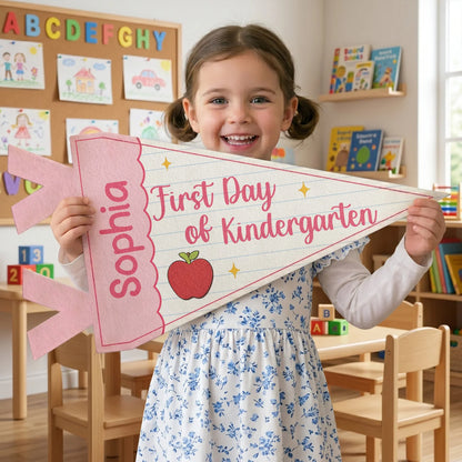 Custom Felt Pennant with First Day of Kindergarten, Pink Apple Lined Paper Unique Creative Gift