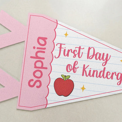 Custom Felt Pennant with First Day of Kindergarten, Pink Apple Lined Paper Unique Creative Gift