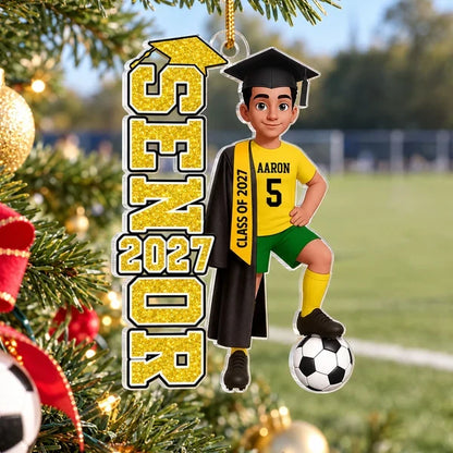 Personalized Soccer Acrylic Ornament, Graduate Posing with Ball by a Lit Tree, Unique Gift for Son or Daughter