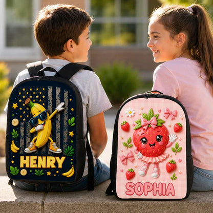 Personalized Kids School Backpack, Strawberry & Banana Cartoon Design, Unique Creative Gift for Kids