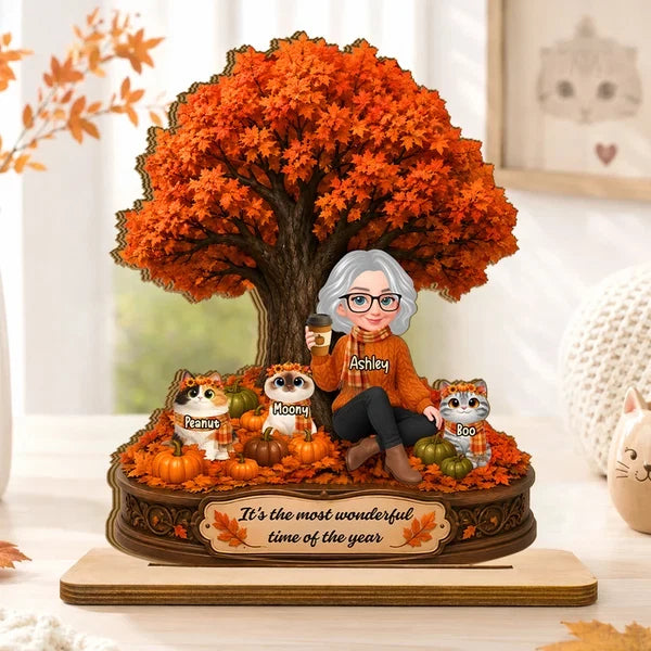 Personalized Wooden Plaque, Woman Sitting with Cats Under an Autumn Tree, Unique Gift for Cat Lovers