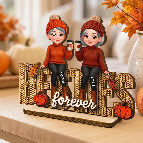 Personalized Wooden Plaque With Cozy Fall Friends Holding Coffee, Creative Gift For Sister & Friend