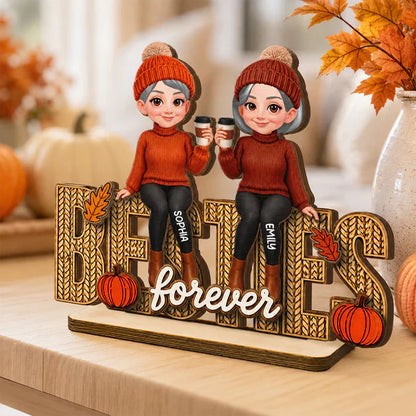Personalized Wooden Plaque With Cozy Fall Friends Holding Coffee, Creative Gift For Sister & Friend