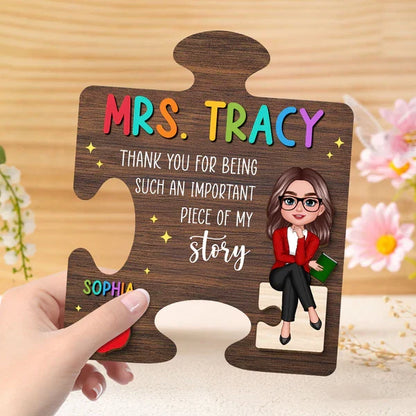 Personalized Teacher 2-Layer Wooden Plaque, Puzzle Piece Unique Gift With Cartoon Teacher, Apple And Book