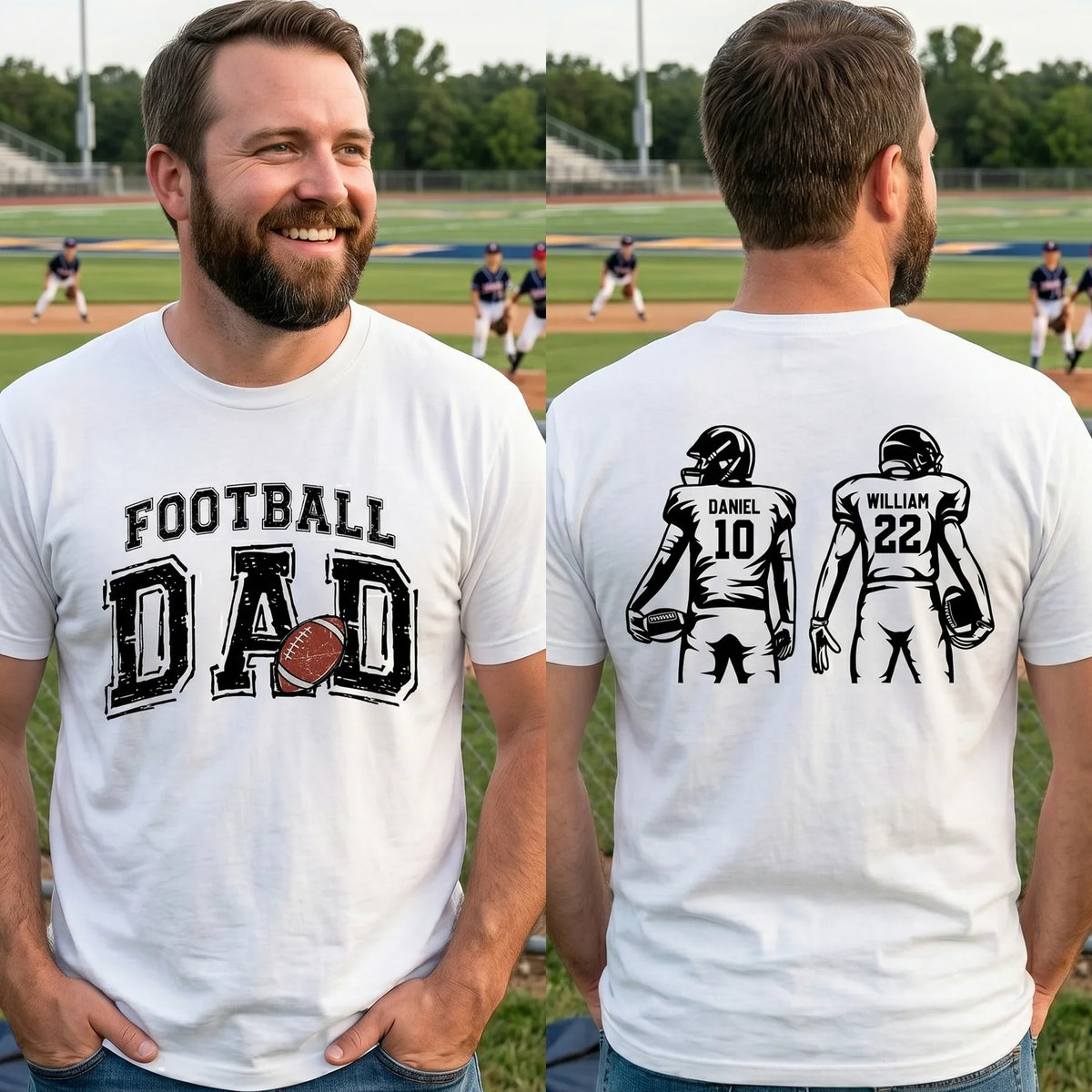 Football Dad Dual Print Classic Tee, Personalized Game Day Shirt with Custom Players on Back, Heartwarming Gift for Dad