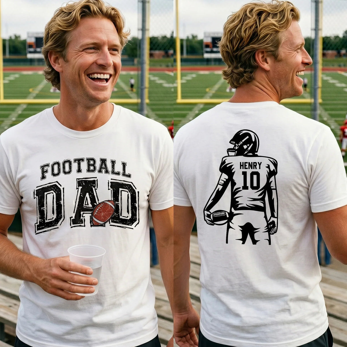 Football Dad Dual Print Classic Tee, Personalized Game Day Shirt with Custom Players on Back, Heartwarming Gift for Dad