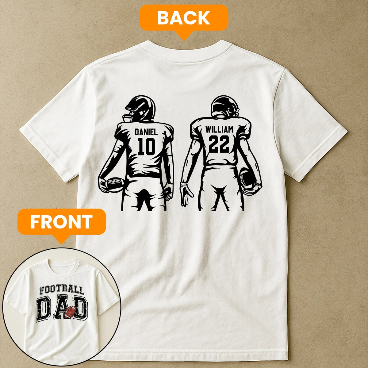 Football Dad Dual Print Classic Tee, Personalized Game Day Shirt with Custom Players on Back, Heartwarming Gift for Dad