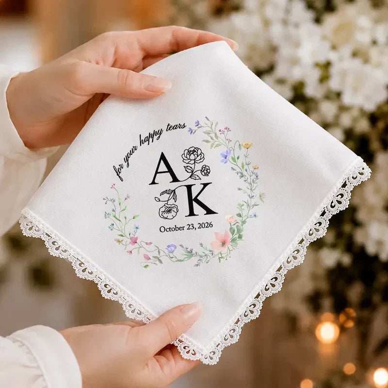 For Your Happy Tears Personalized Cotton Handkerchief, Romantic Floral Keepsake, Creative Gift for a Couple