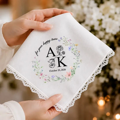 For Your Happy Tears Personalized Cotton Handkerchief, Romantic Floral Keepsake, Creative Gift for a Couple