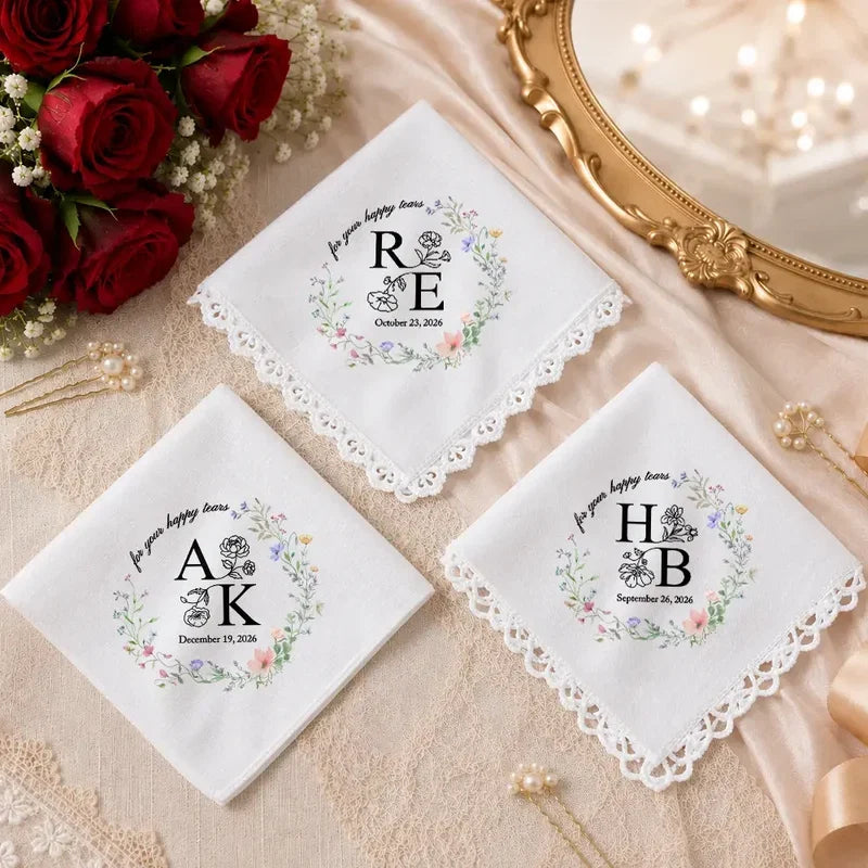 For Your Happy Tears Personalized Cotton Handkerchief, Romantic Floral Keepsake, Creative Gift for a Couple