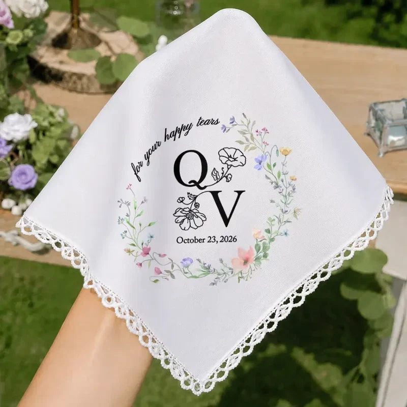 For Your Happy Tears Personalized Cotton Handkerchief, Romantic Floral Keepsake, Creative Gift for a Couple