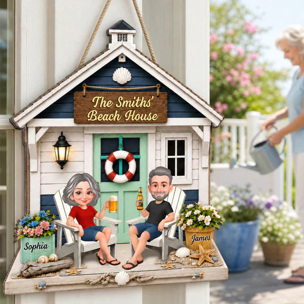 Personalized Wooden Sign with Sitting Beach House Couple, Coastal Decor, Unique Gift for Couples