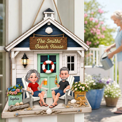Personalized Wooden Sign with Sitting Beach House Couple, Coastal Decor, Unique Gift for Couples