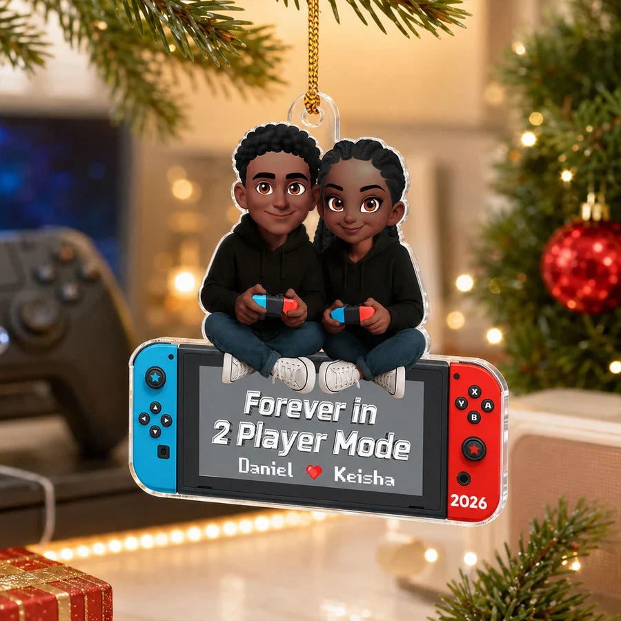 Personalized Acrylic Ornament, Cartoon Couple Holding Controllers, Unique Christmas Tree Gift for Gamers