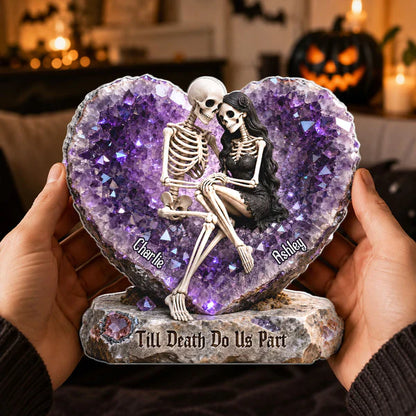 Personalized Shaped Acrylic Block Plaque, Embracing Skeleton Couple Halloween Decor, Unique Gift For Couple
