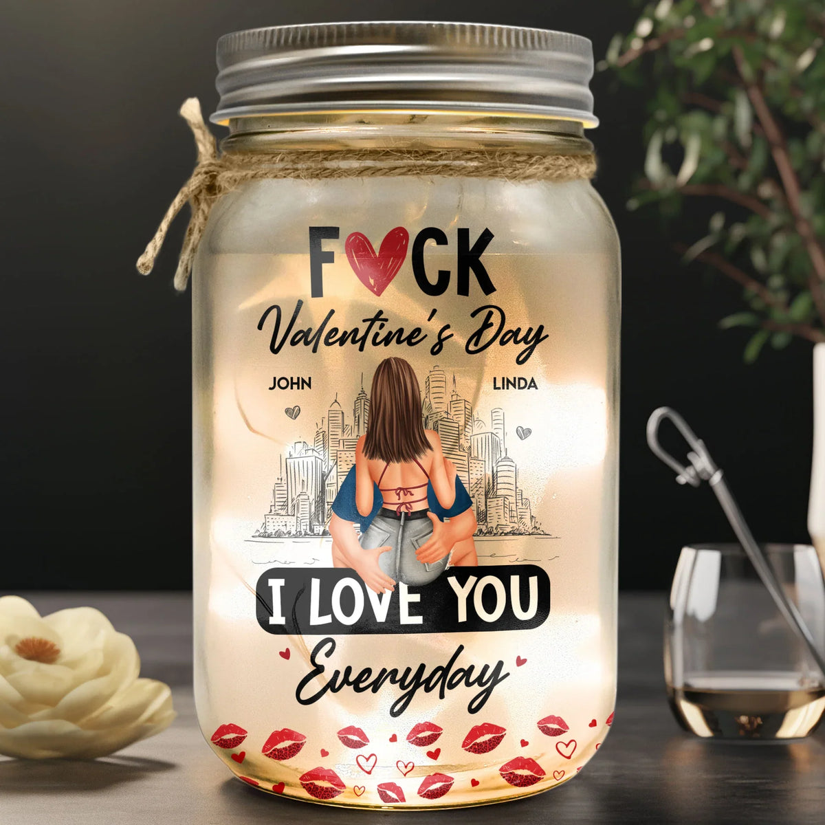 Personalized Glass Mason Jar Light With Cheeky Love Quote, City Skyline Hugging Couple Back View, Unique Gift For Couples