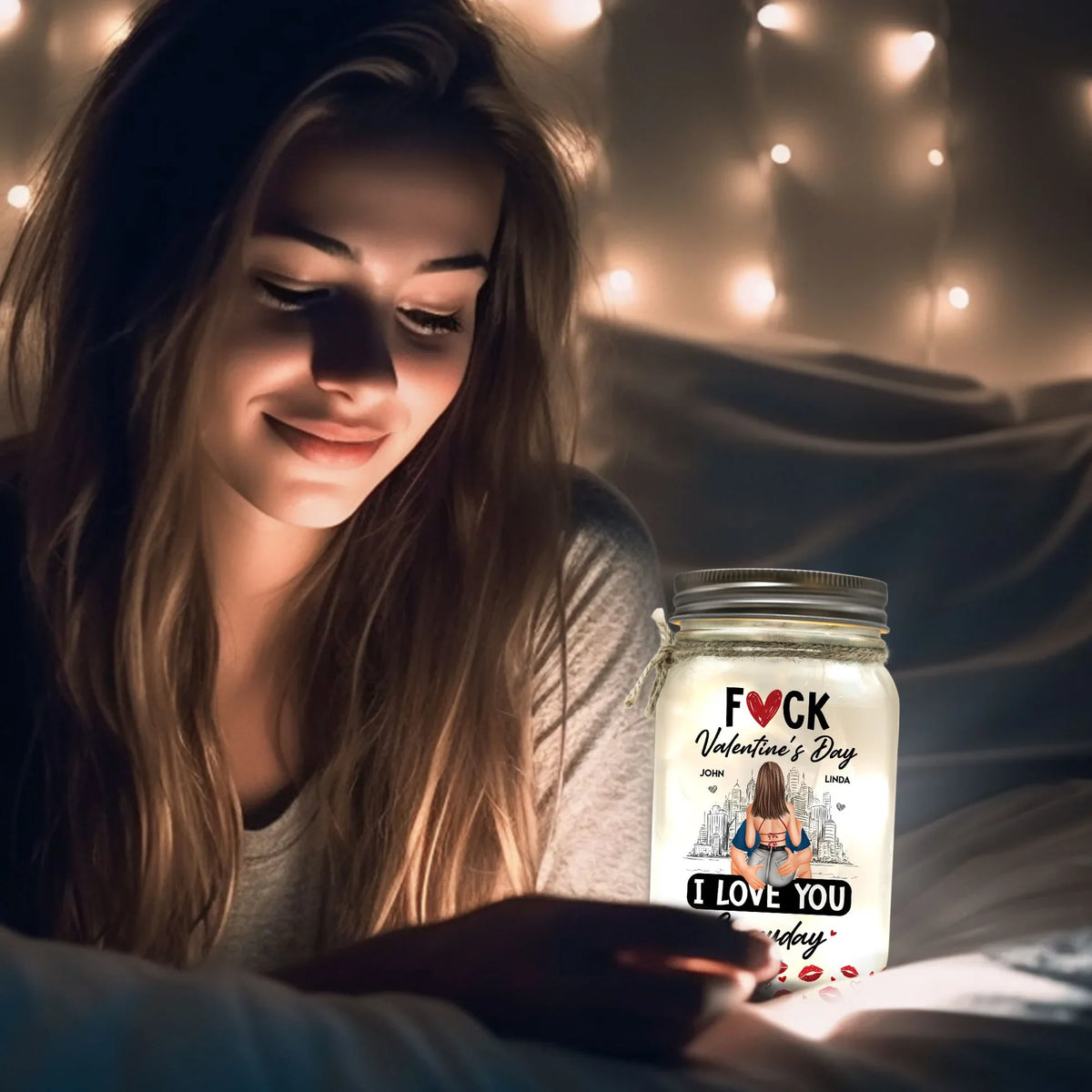 Personalized Glass Mason Jar Light With Cheeky Love Quote, City Skyline Hugging Couple Back View, Unique Gift For Couples