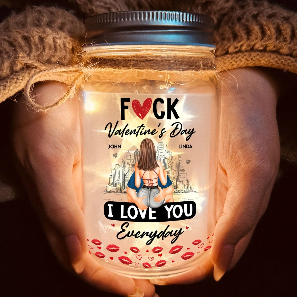 Personalized Glass Mason Jar Light With Cheeky Love Quote, City Skyline Hugging Couple Back View, Unique Gift For Couples
