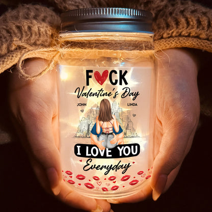 Personalized Glass Mason Jar Light With Cheeky Love Quote, City Skyline Hugging Couple Back View, Unique Gift For Couples