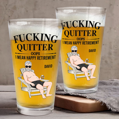 Personalized Beer Glass with Sitting Retiree Art, Funny Happy Retirement Gift for Boss, Unique Home Bar Keepsake