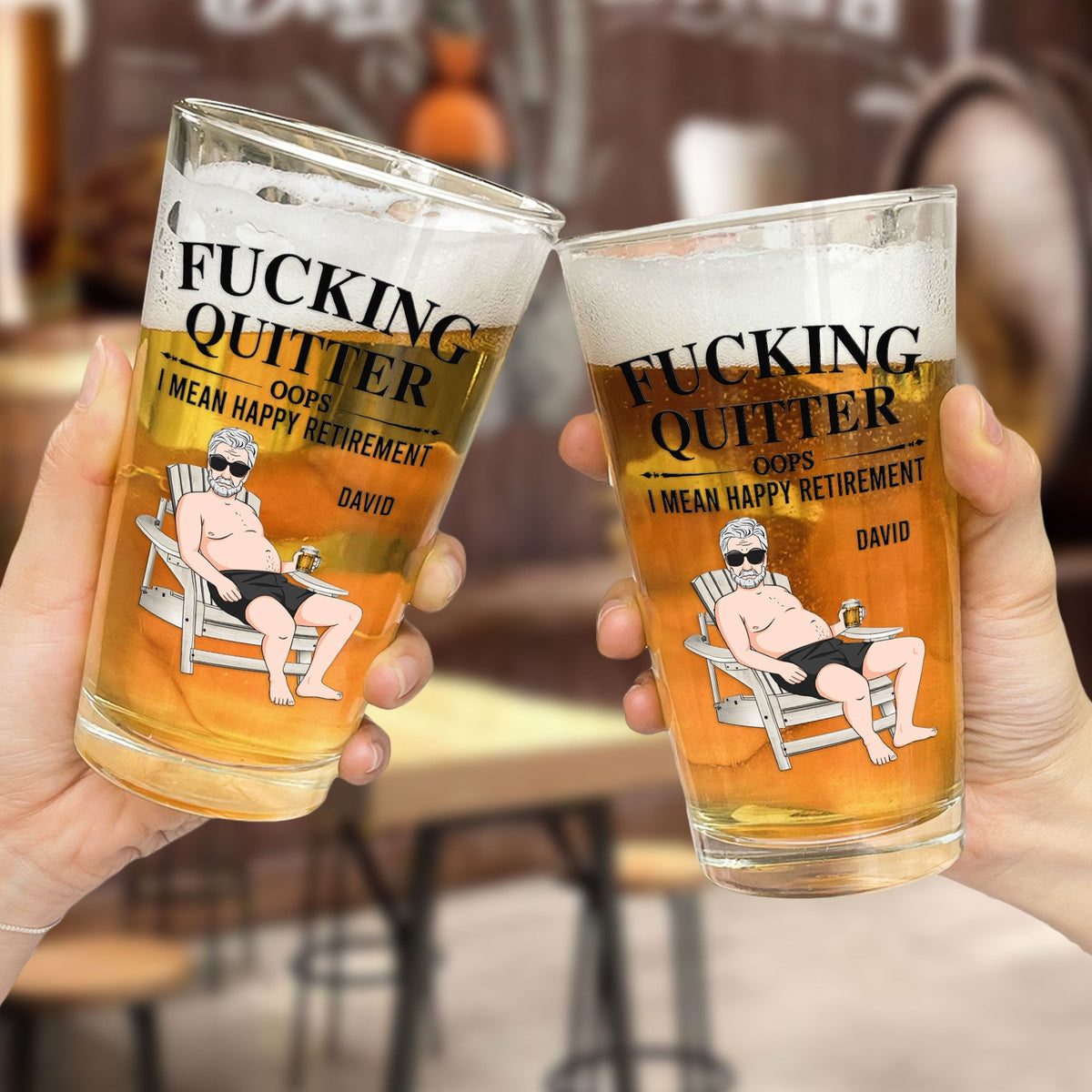 Personalized Beer Glass with Sitting Retiree Art, Funny Happy Retirement Gift for Boss, Unique Home Bar Keepsake