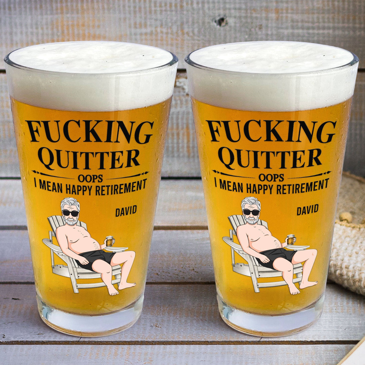 Personalized Beer Glass with Sitting Retiree Art, Funny Happy Retirement Gift for Boss, Unique Home Bar Keepsake