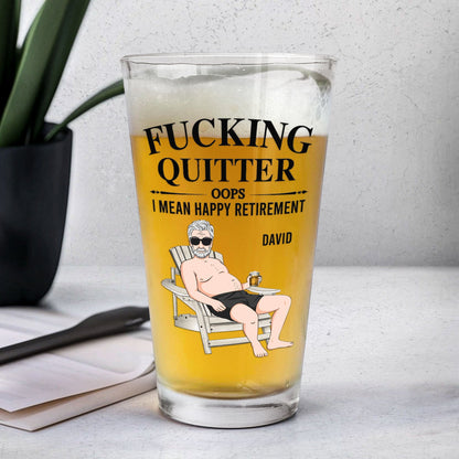 Personalized Beer Glass with Sitting Retiree Art, Funny Happy Retirement Gift for Boss, Unique Home Bar Keepsake