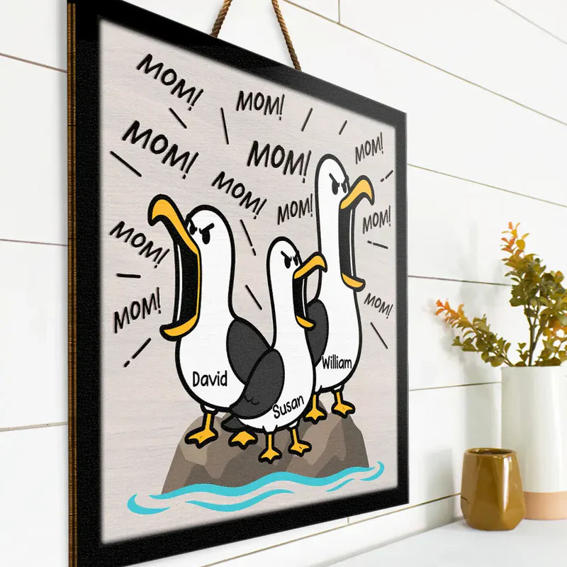 Personalized Screaming Seagull Wooden Sign, Custom Coastal Kitchen Decor, Unique Gift for Family