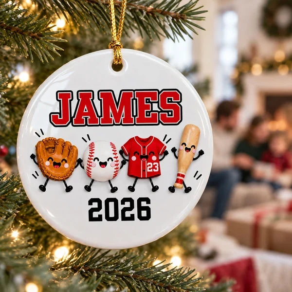 Personalized Ceramic Ornament with Cute Baseball Gear, Unique Christmas Gift for Players and Baseball Fans