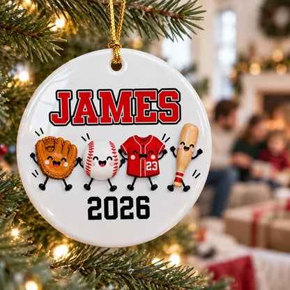 Personalized Ceramic Ornament with Cute Baseball Gear, Unique Christmas Gift for Players and Baseball Fans