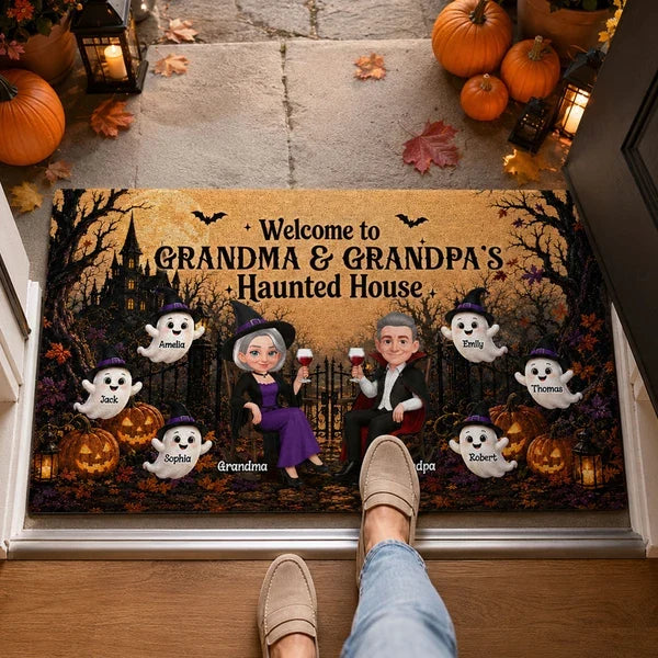 Personalized Standard Doormat, Seated Grandparents in Warm Orange Haunted House, Unique Halloween Gift for Grandparents