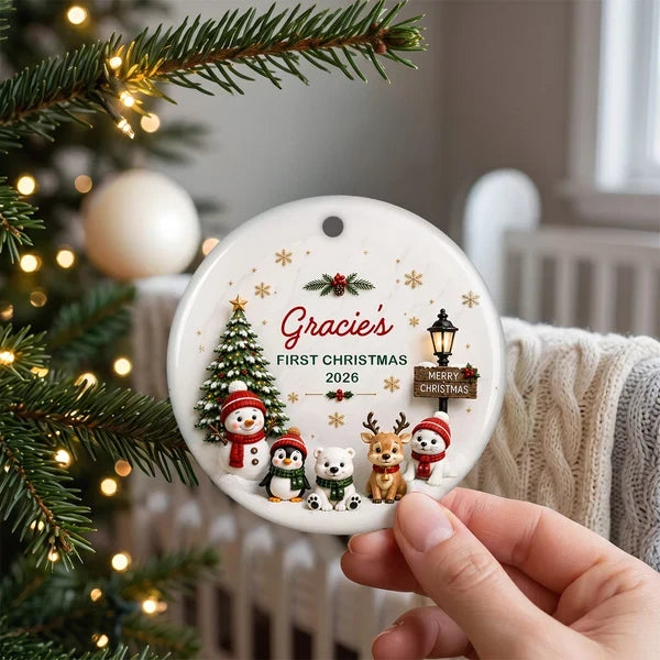 Personalized Ceramic Ornament, Cute Winter Friends Baby's First Christmas Keepsake, Unique Gift for New Parents