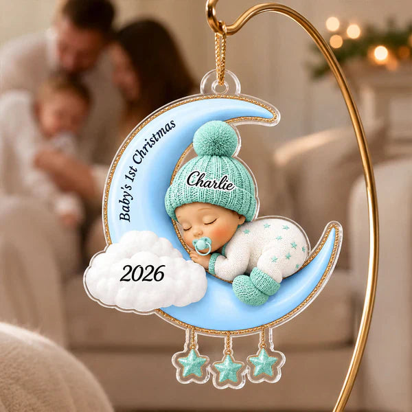 Acrylic Ornament With Sleeping Baby On Moon, Creative Christmas Gift For Baby & Family