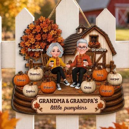 Personalized Wooden Sign, Grandparents Holding Hands on an Autumn Porch, Unique Gift for Grandma & Grandpa